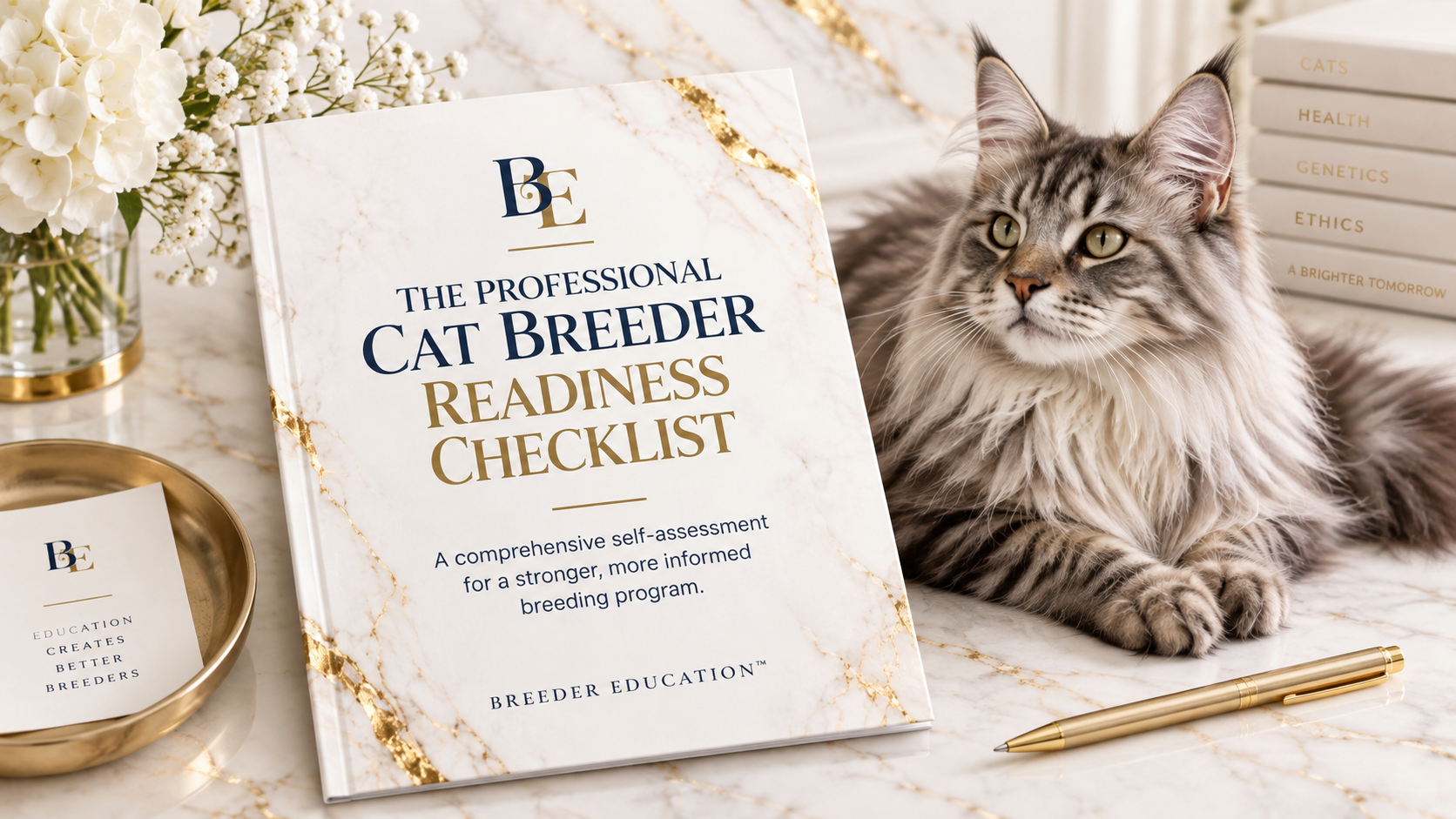 Professional Cat Breeder Readiness Checklist cover beside a grey cat on marble