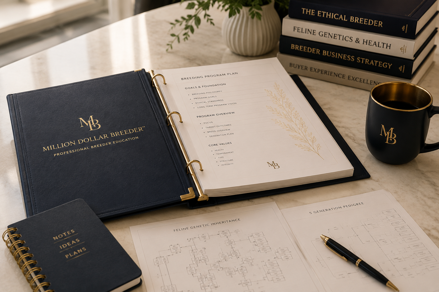 Million Dollar Breeder™ binder with a breeding program plan, pedigree chart, professional breeder books and notes arranged on a marble table