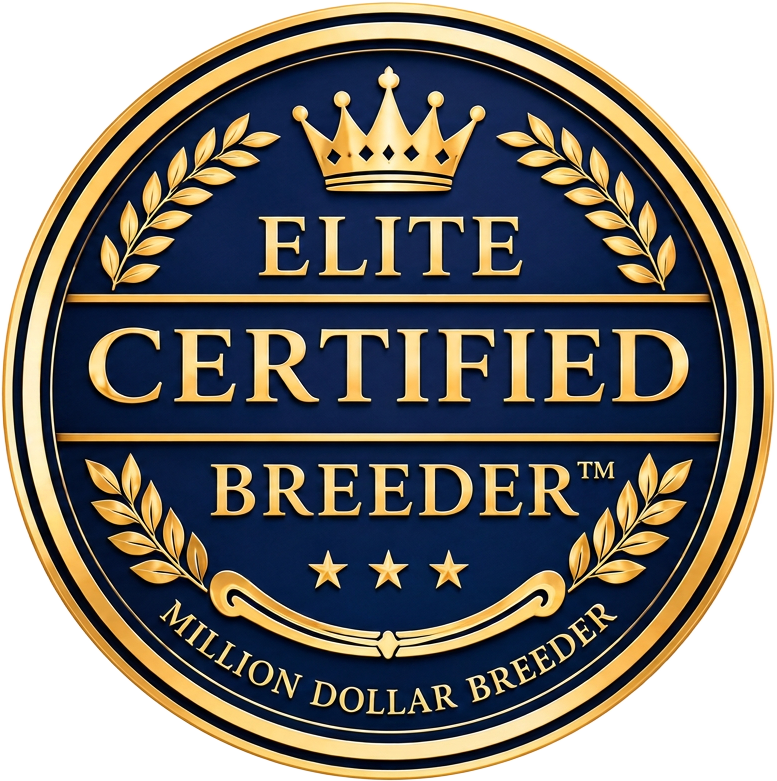 Elite Certified Breeder™ professional certification seal in navy and gold