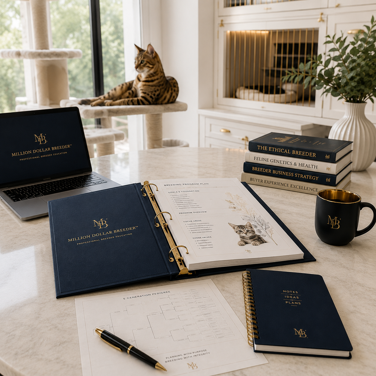 Million Dollar Breeder™ binder, breeding program plan, pedigree chart and professional breeder education materials on a marble desk with a cat resting nearby